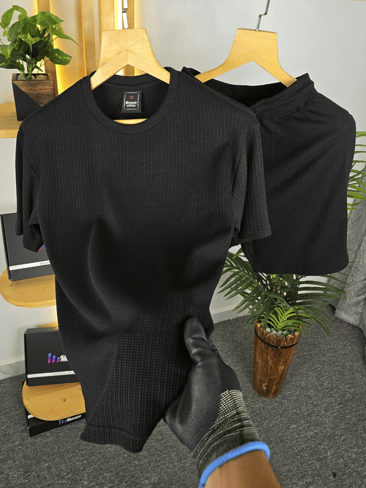 Mensoo Waffle Round Neck Co Set Black