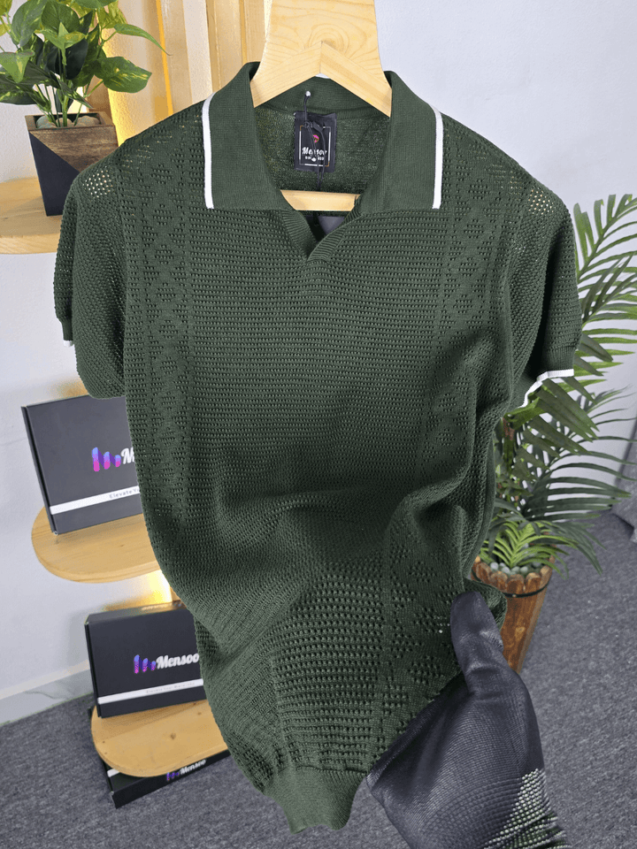 Mensoo Net V Collar T Shirt Olive