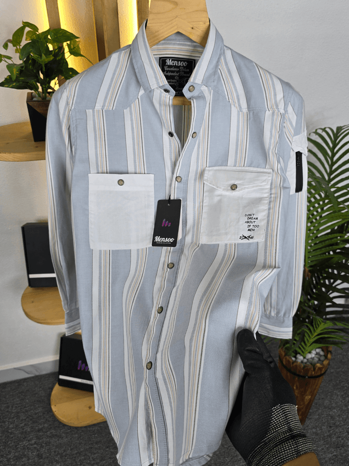 Stripe Double Pocket Shirt L Grey