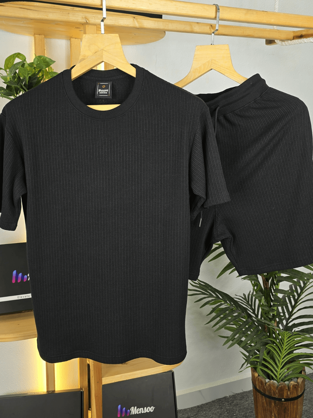 Mensoo Waffle Round Neck Co Set Black