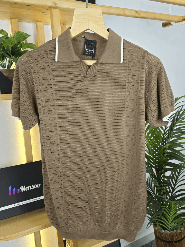 Mensoo Net V Collar T Shirt Brown