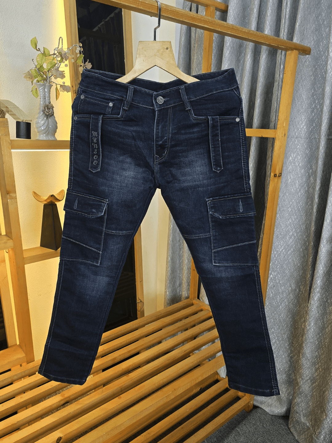 Side Hang Denim Cargo Jeans Blue Wash