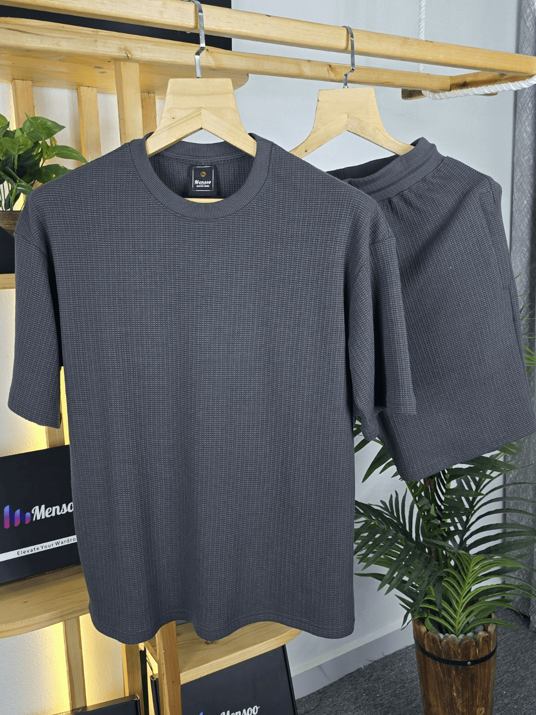 Mensoo Waffle Round Neck Co Set Dark Grey