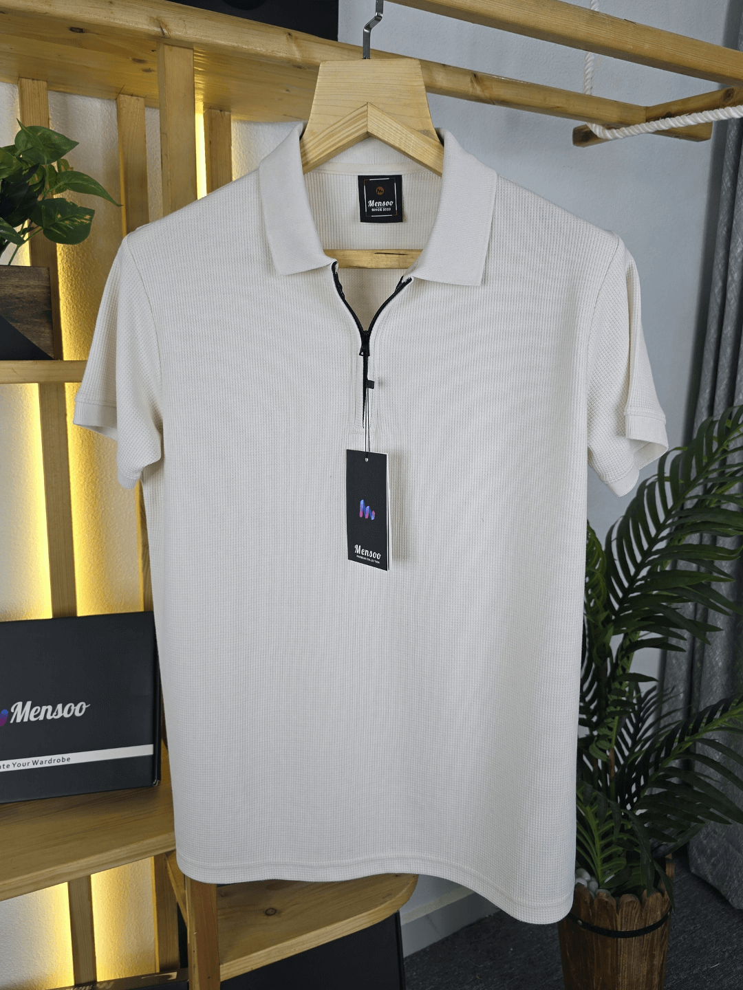 Mensoo Waffle Zip T Shirt Cream