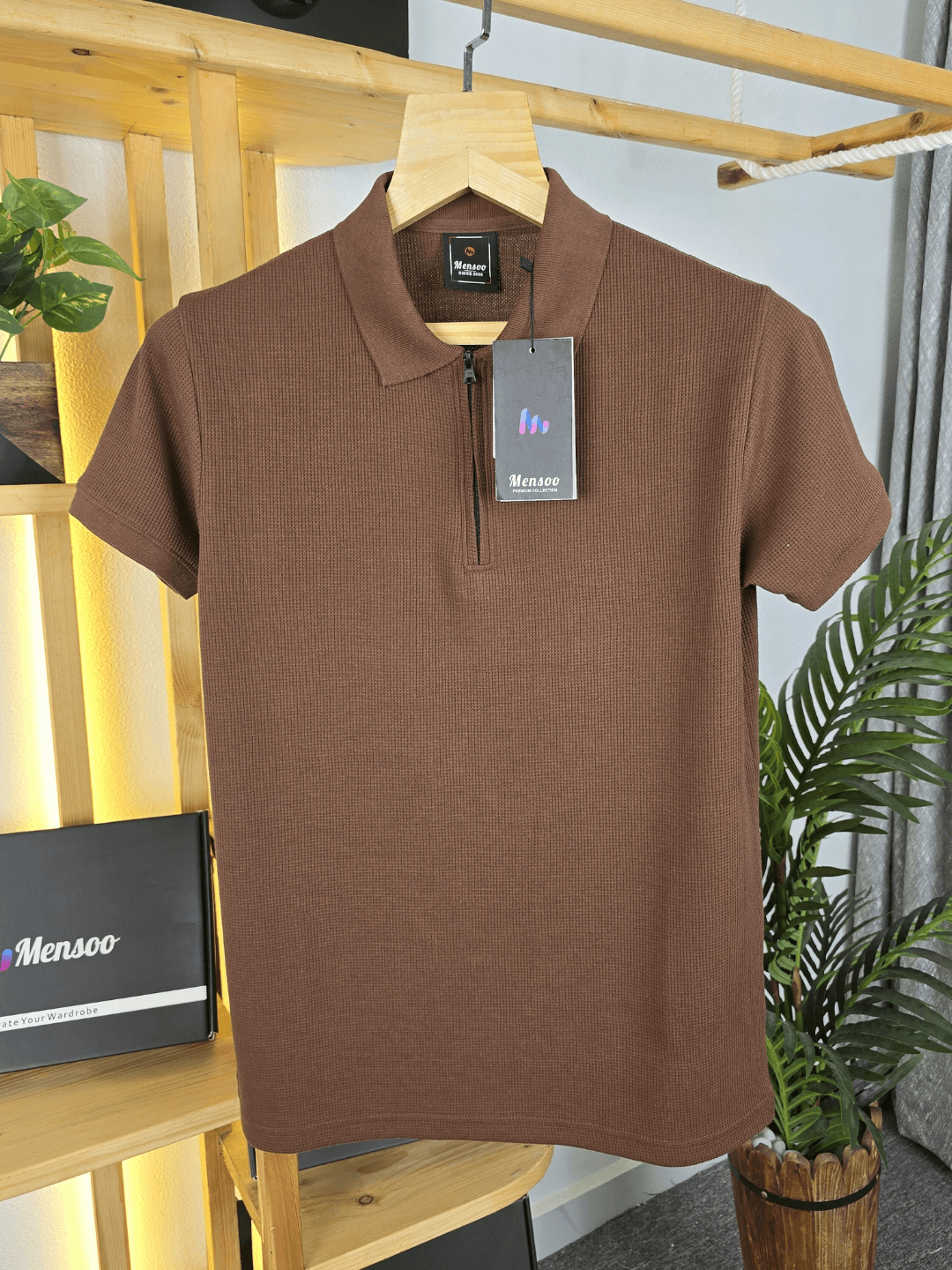 Mensoo Waffle Zip T Shirt Coffee