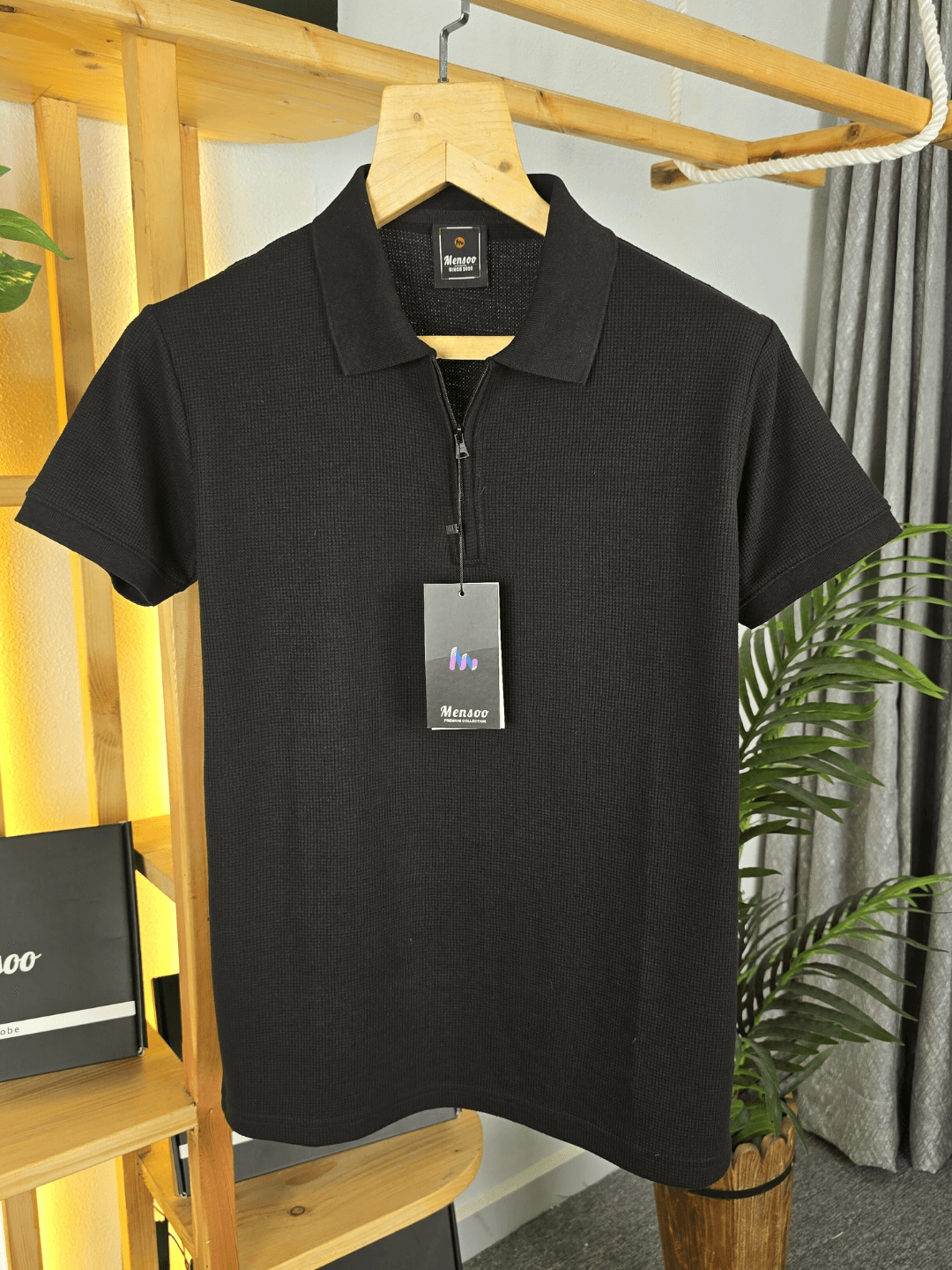 Mensoo Waffle Zip T Shirt Black