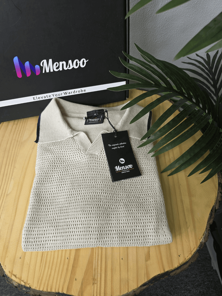 Mensoo Net V Collar T Shirt Cream